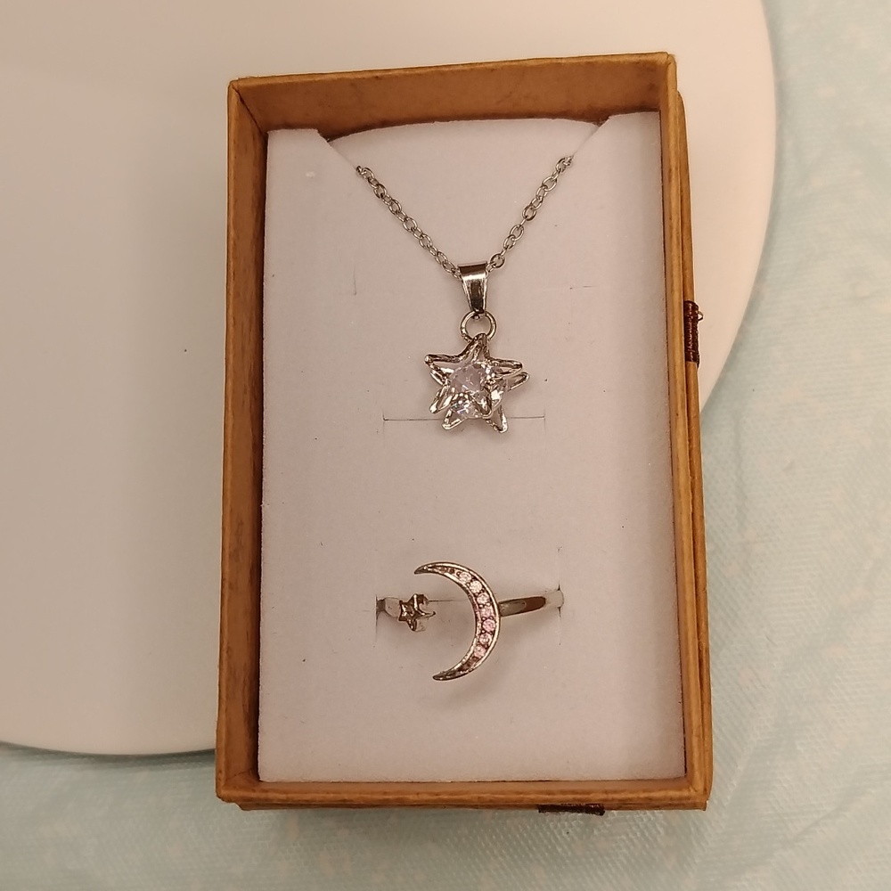 Star necklace with pink moon ring set